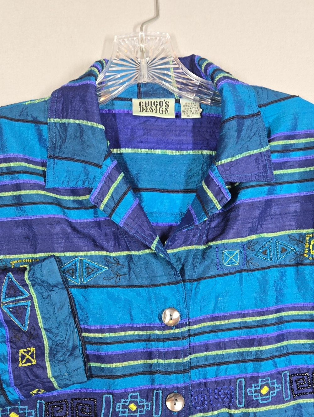 VTG Chico's Design Raw Silk Blouse Topper Size 1/Medium Teal & Purple Stripes
